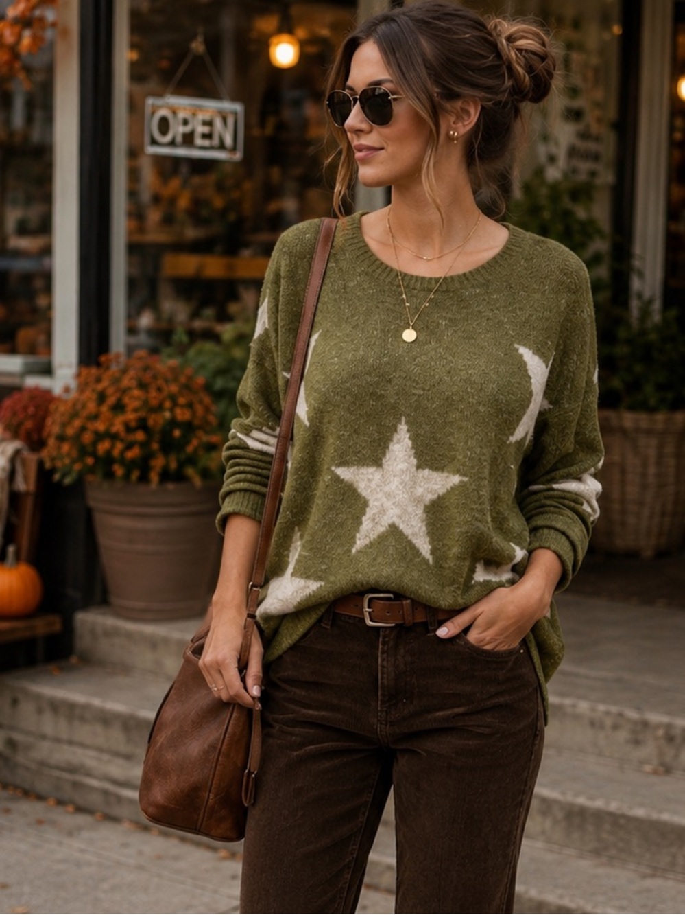 Easel Olive Star Oversized Sweater Boho Trendy Cozy Pullover